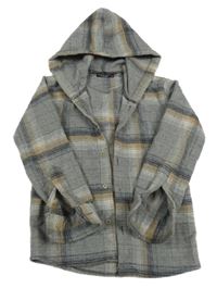 Sivo-béžovo-čierna kockovaná košeľová bunda s kapucňou efecto lucci