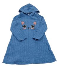 Modré melírované rebrované úpletové šaty s mačičkou a kapucňou SHEIN