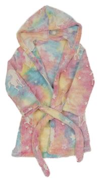 Duhový plyšový župan s jednorožci a hvězdičkami a kapucí