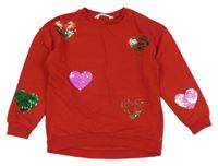 Červená mikina so srdíčky z překlápěcích flitrů H&M