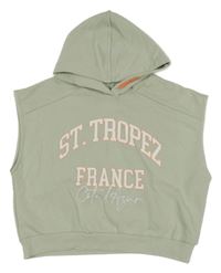Světleolivová tepláková oversize crop vesta s nápismi a kapucňou RIVER ISLAND