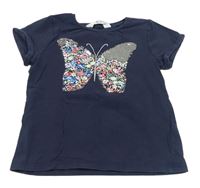 Tmavomodré tričko s motýlem z překlápěcích flitrů H&M