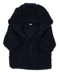 Tmavomodrá huňatá podšitá propínací mikina s kapucí s oušky F&F