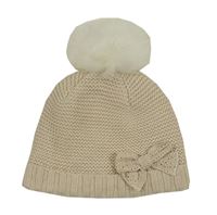 Béžová pletená čapica s mašlou a brmbolcom