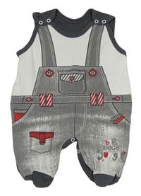 Šedo-bílé dupačky s kapsami a nápisem