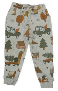 Šedé melírované tepláky se stromky a mývaly Tu