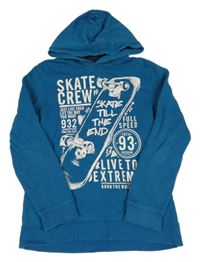 Petrolejová mikina se skateboardem s nápisy a kapucí C&A