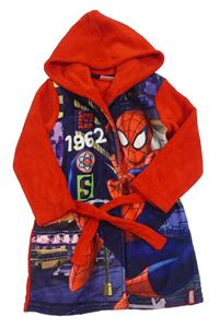 Červeno-tmavomodrý chlupatý župan se Spidermanem a kapucí Marvel