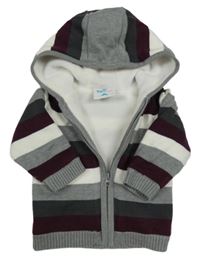 Sivo-bielo-vínový pruhovaný zateplený sveter s kapucňou Topomini