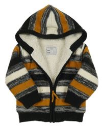 Černo-okrovo-bílý pruhovaný zateplený propínací svetr s kapucí 