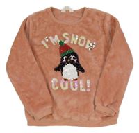 Ružová chlpatá mikina s tučňákem z flitrů H&M