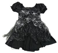 Kostým - Černo-stříbrné šaty s pavučinami a puntíkatou sukní 