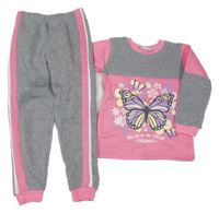 2set - Růžovo-šedá mikina s motýlkem + tepláky 