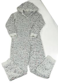 Bílo-šedo-růžová vzorovaná chlupatá kombinéza s kapucí C&A