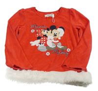 Nové - Červené sametové triko s Mickeym, Minnie a kožešinou Disney