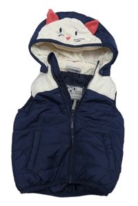Bielo-tmavomodrá šušťáková zateplená vesta s kočkou na kapuci Topomini