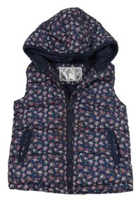 Tmavomodrá květovaná šusťáková zateplená vesta s kapucí Yd.