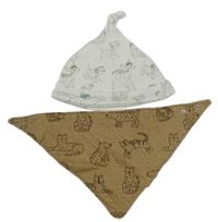 2set - hnědý slinták s šelmami + biela čapica s dalmatiny