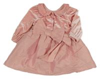 Růžové sametové šaty s mašlí a límečkem 