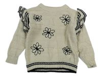 Béžovo-čierny sveter s kvetmi a volánikmi River Island