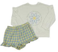 2set - Bílé mikniotriko s květem + kockované kraťasy Dunnes