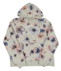 Šedo-růžová květovaná mikina s nápisem a kapucí H&M