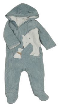 Svetlomodrá zamatová rebrovaná zateplená kombinéza s medvedíkmi a kapucňou C&A