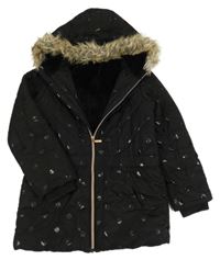 Černý šusťákový zimní kabát s puntíky a kapucí 