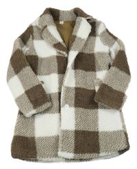 Hnedo-biely kockovaný huňatý podšitý kabát Shein