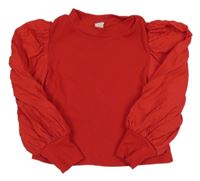 Červené žebrované crop triko s nařasenými rukávy 