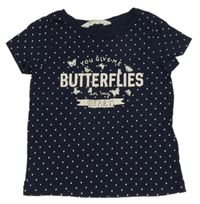 Tmavomodré tričko s puntíky a nápisem H&M