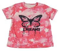 Ružovo-biele batikované tričko s motýlom
