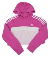 Růžovo-bílá crop mikina s logem a kapucí Adidas 