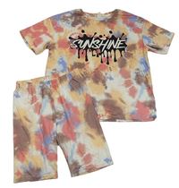 2Set - Barevné batikované oversize tričko s nápisem + legínové kraťasy SHEIN