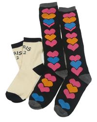 2Set - Smetanovo/černé ponožky s nápisem + černo/tmavošedé podkolenky se srdíčky 