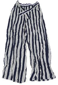Nové - tmavomodro-biele pruhované široké crop nohavice so zavazováním H&M