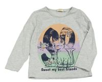 Světlešedé melírované triko s koťátkem a ptáčky Kids