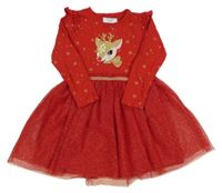 Červené šaty so sobom s flitre a zlatými hviezdičkami a volániky a tylem s bodkami PRIMARK