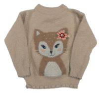 Pudrovo-světlešedý melírovaný chlupatý svetr se zvířátkem s flitry C&A