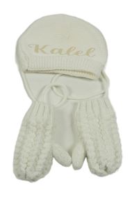 2Set - Smetanová pletená čepice s nápisem + rukavice palcové rukavice se třpytkami a šňůrkou Pat&Ripaton