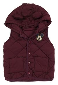 Tmavovínová prošívaná šusťáková zateplená vesta s Mickey a kapucí George