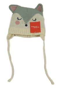 Nové - mentolovošedo-smetanová pletená zavazovací čepice - liška Du PareiL