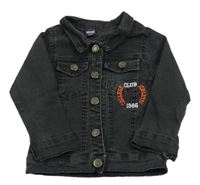 Černá tepláková riflová bunda s nápisy a límečkem 