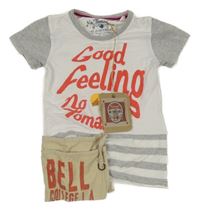 Nové - bílo-šedé tričko s nápisy a pruhy a kapsou 