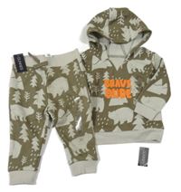 Nové - 2Set - Khaki-světlekhaki mikina s medvídky a stromy a kapucí + tepláky St. Bernard