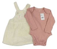 2set - Krémové chlpaté šaty s čumákem + staroružové body Mothercare