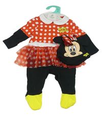 Nové - 2set - Červeno-černý overal s puntíky a sukní - Minnie + černá bavlněná čepice Primark