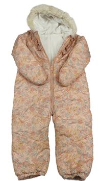 Ružová kvetovaná šušťáková zimná kombinéza s volánikmi a kapucňou George