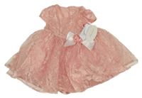 Nové - 2set - Ružové kvetované slávnostné šaty s mašlí + kalhotky na plenku