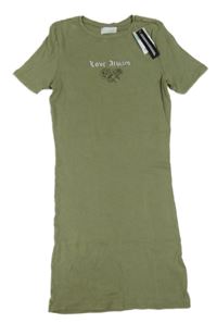 Nové - Khaki žebrované elastické šaty s nápisem a růžemi Primark